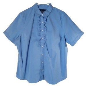 Lands' End Women's Size 16 Periwinkle Blue Ruffled Button Up Short Sleeve Shirt